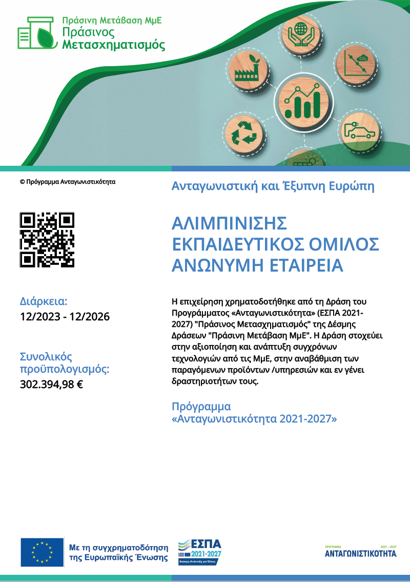 Αφίσα Α3 του έργου. Περιέχει τα ίδια στοιχεία που παρατίθενται παραπάνω ως κείμενο: δικαιούχος ΑΛΙΜΠΙΝΙΣΗΣ ΕΚΠΑΙΔΕΥΤΙΚΟΣ ΟΜΙΛΟΣ ΑΝΩΝΥΜΗ ΕΤΑΙΡΕΙΑ, διάρκεια 12/2023 έως 12/2026, συνολικός προϋπολογισμός 302.394,98 ευρώ, Δράση Πράσινος Μετασχηματισμός του Προγράμματος Ανταγωνιστικότητα ΕΣΠΑ 2021-2027.